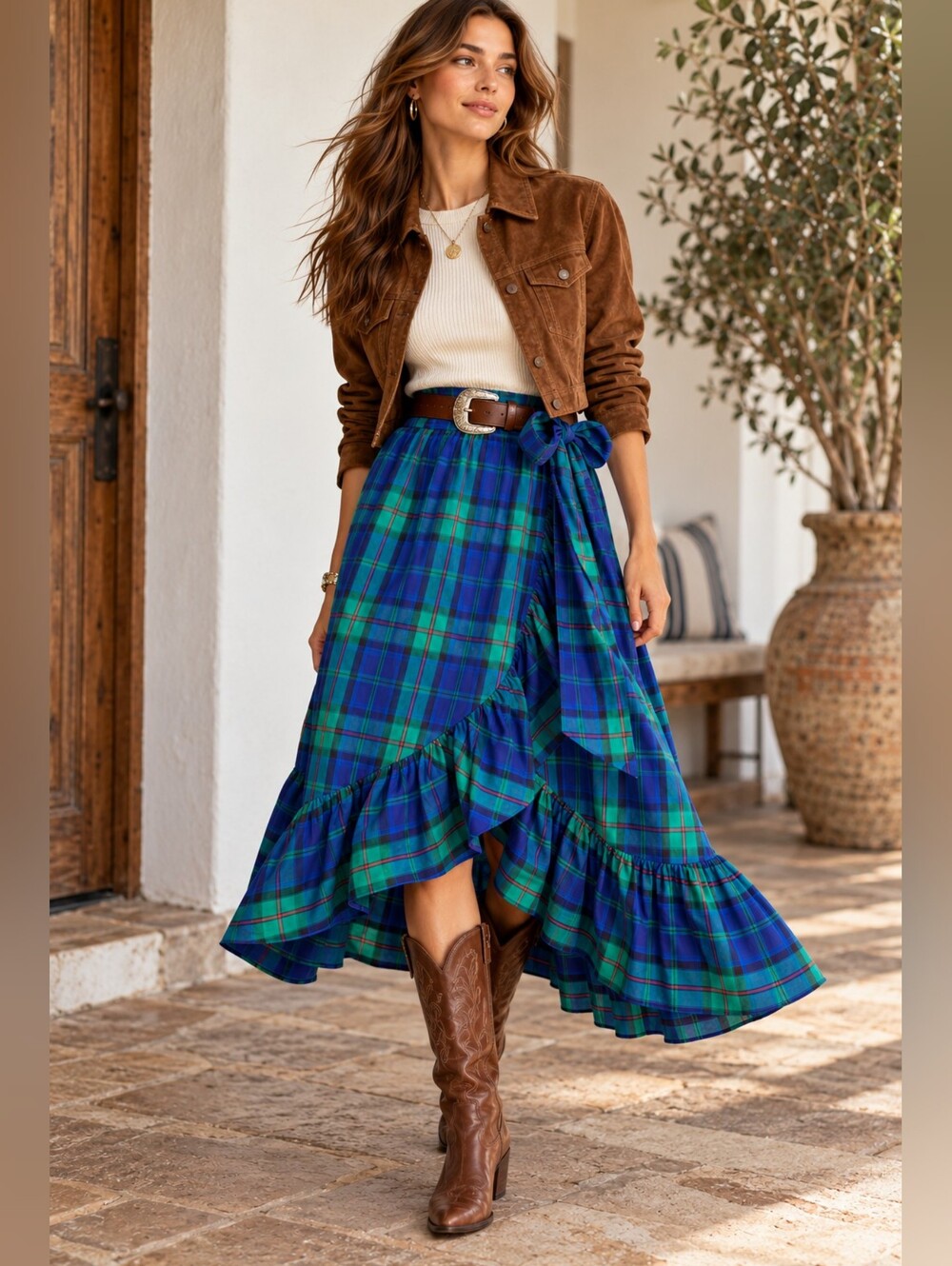 J.Crew Factory Tartan Plaid Wrap Midi Skirt Ruffle Bow Western Prairie Blue NWT